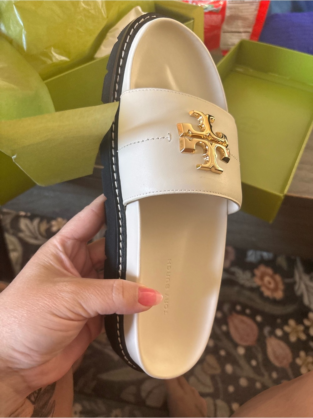Tory Burch Cream Leather Slide Sandals with Gold Logo - Picture 8 of 8